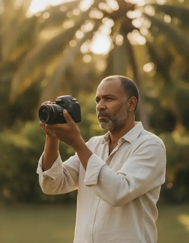 Le photographe, appareil à la main, guette une scène pendant une cérémonie