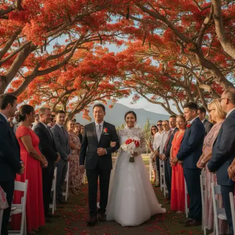 Premiers pas de la mariée dans l'allée, sous les flamboyants en fleur