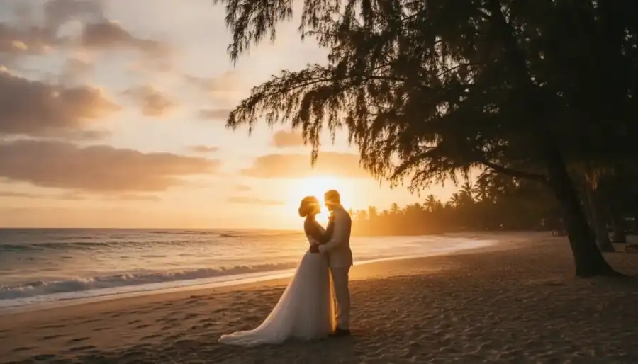 Les mariés enlacés au coucher du soleil sur une plage de La Réunion