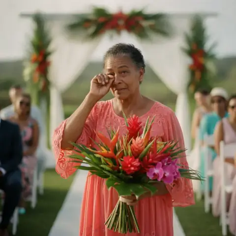 La mère de la mariée essuie une larme au moment de la remise du bouquet