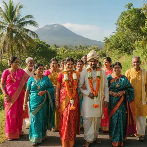 Cortège coloré lors d'un mariage tamoul réunionnais